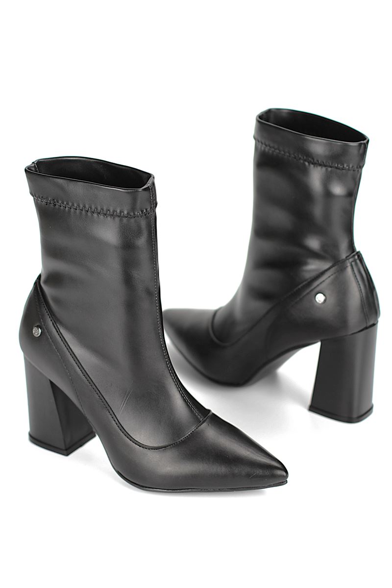 Isabel Siyah Kalın Orta Topuklu(8 cm) Streç Bot