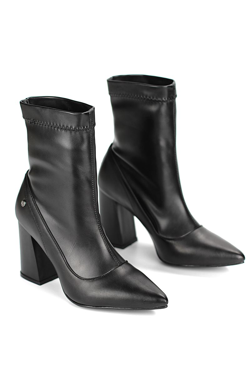 Isabel Siyah Kalın Orta Topuklu(8 cm) Streç Bot