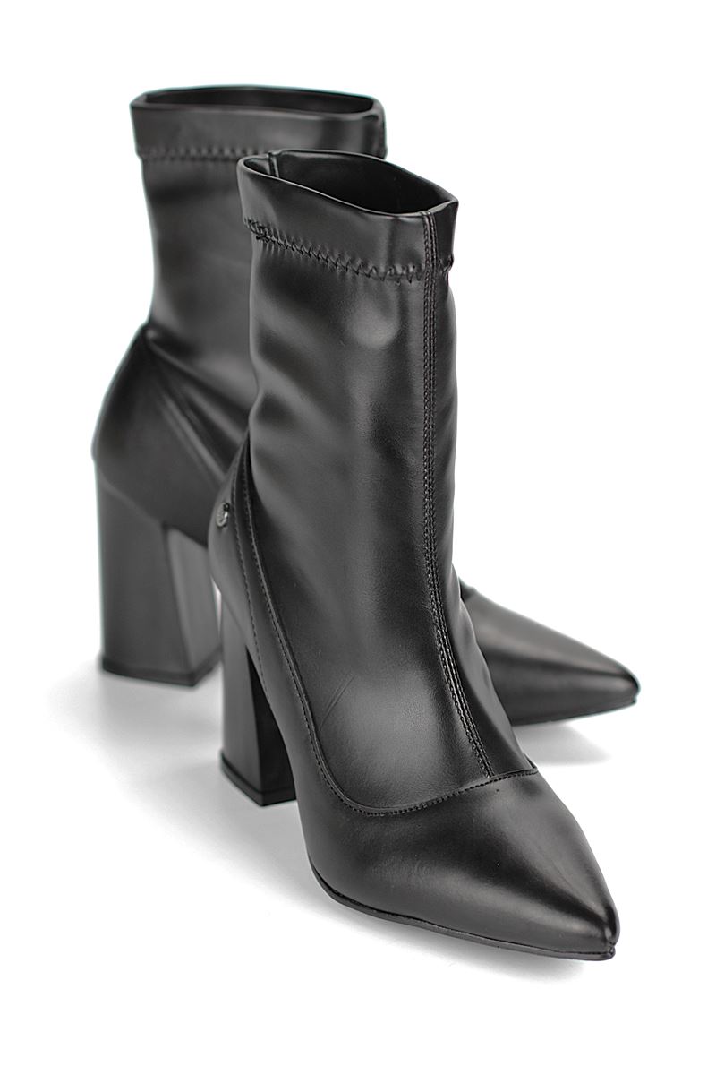 Isabel Siyah Kalın Orta Topuklu(8 cm) Streç Bot