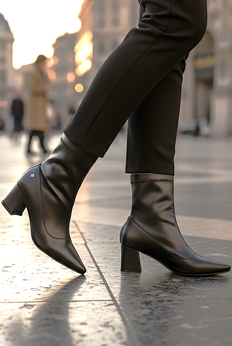 Sylvie Siyah Esnek Yumuşak Kaymaz Taban Kalın Orta Topuklu( 6 cm) Streç Bot