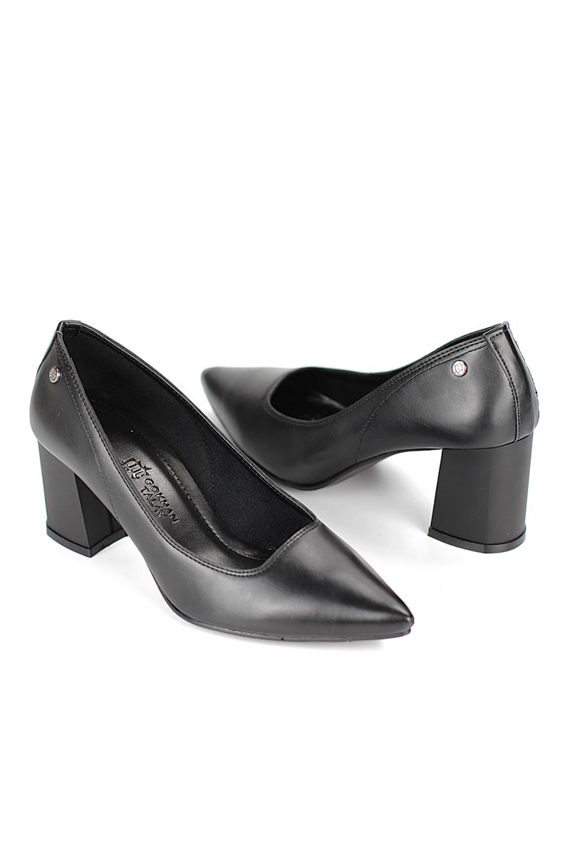 Nevra Esnek Yumuşak Kaymaz Taban (7 cm) Siyah Cilt Kadın Kalın Topuklu Ayakkabı