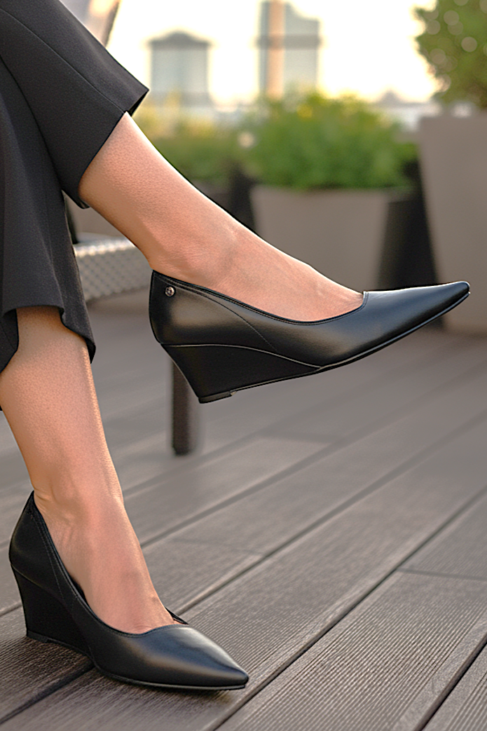 Pia Esnek Yumuşak Kaymaz Taban (4 cm) Kadın Dolgu Topuk Siyah Cilt Ayakkabı