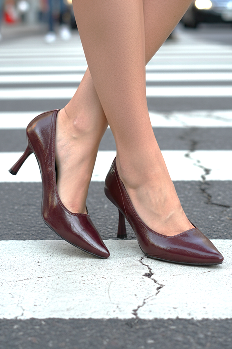 Ayça Esnek Yumuşak Kaymaz Taban (7 cm) Bordo Rugan Kadın Topuklu Ayakkabı