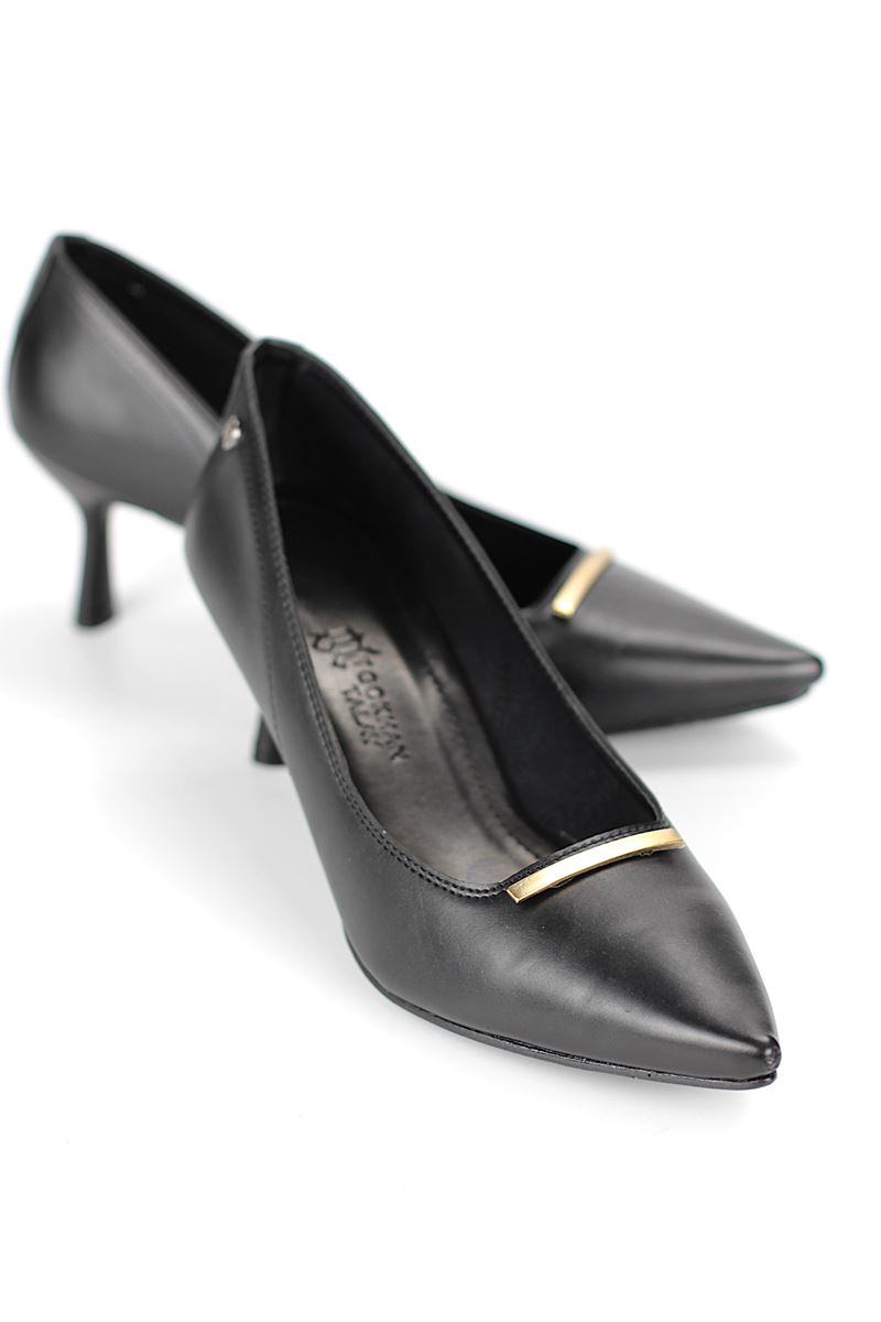 Sasha Esnek Yumuşak Kaymaz Taban (4 cm) Siyah Cilt İnce Çubuk Toka Kadın Topuklu Ayakkabı