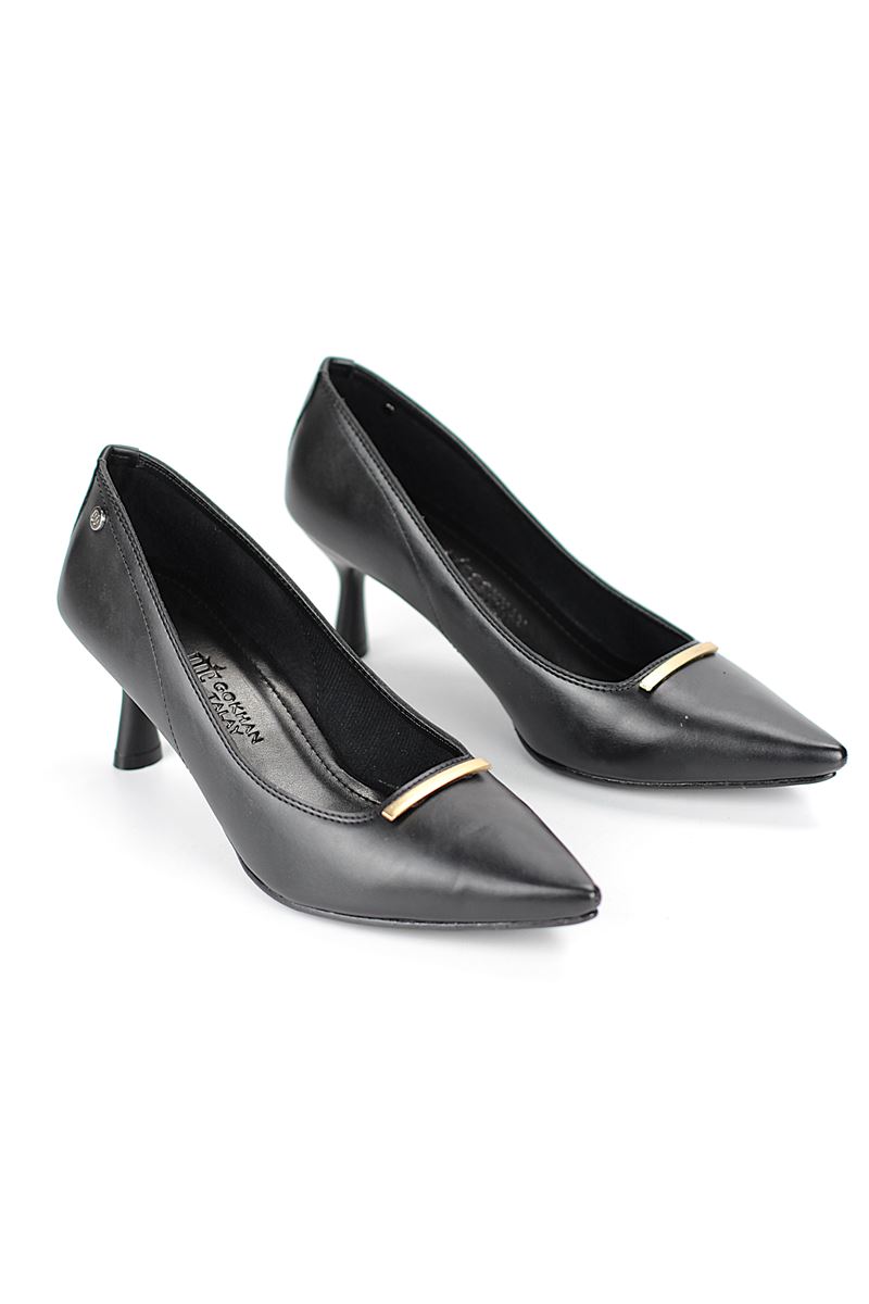 Sasha Esnek Yumuşak Kaymaz Taban (4 cm) Siyah Cilt İnce Çubuk Toka Kadın Topuklu Ayakkabı