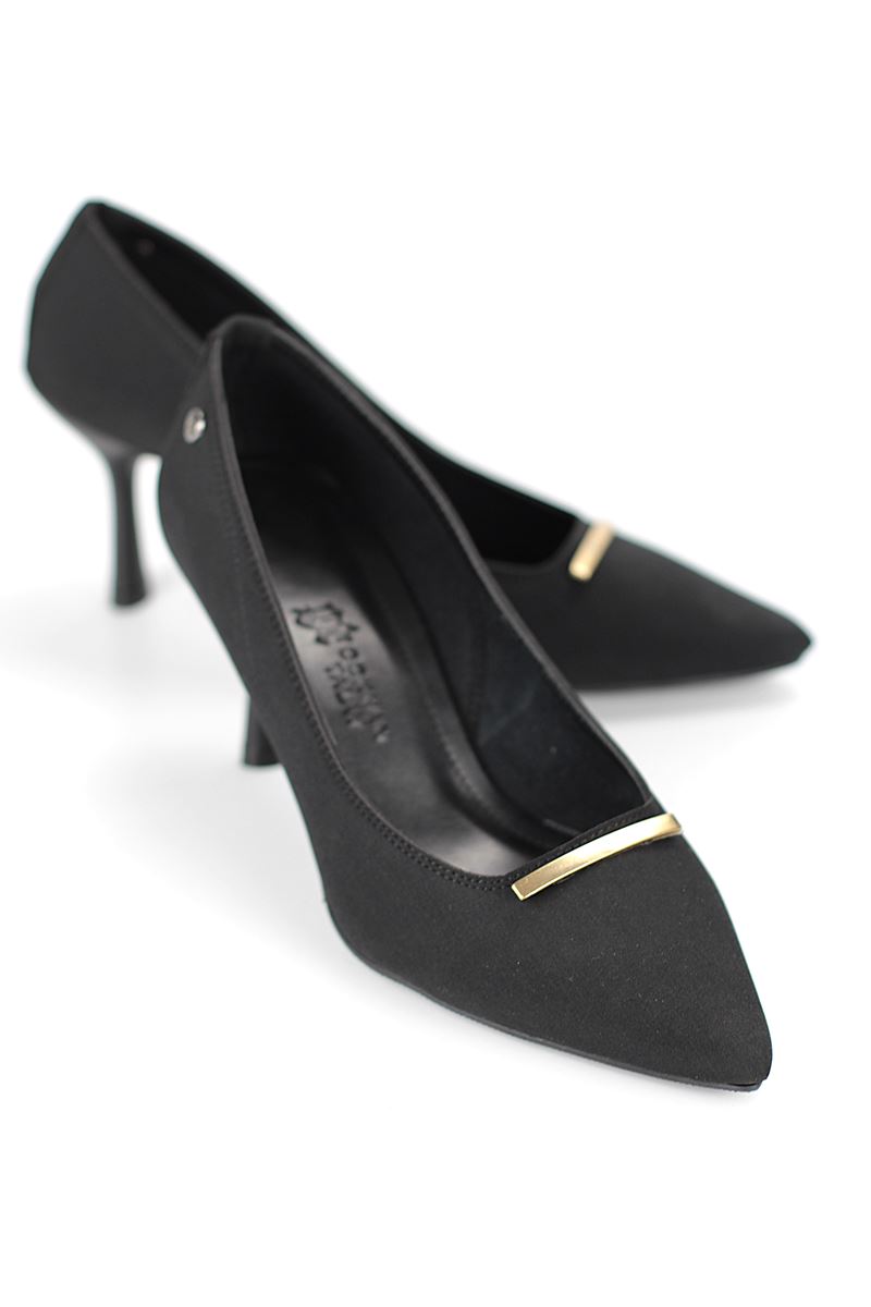 Sasha Esnek Yumuşak Kaymaz Taban (4 cm) Siyah Süet İnce Çubuk Toka Kadın Topuklu Ayakkabı