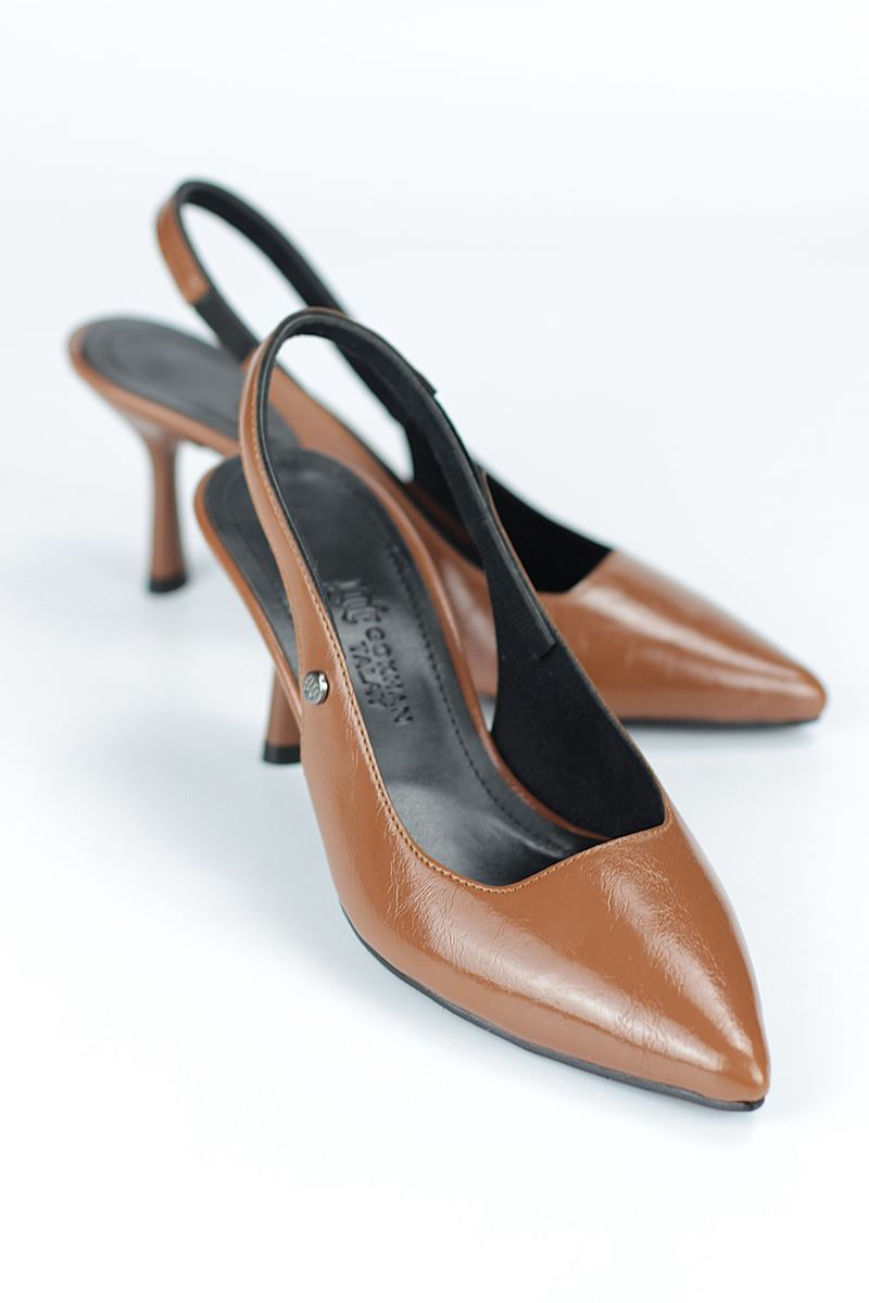 Vivienne Esnek Yumuşak Kaymaz Taban (7 cm) Taba Rugan Açık Lastikli Kadın Topuklu Ayakkabı