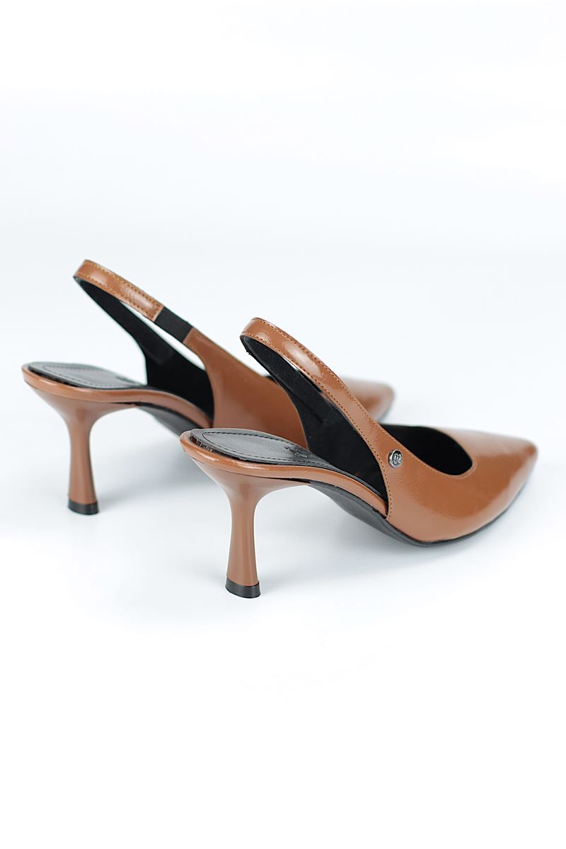 Vivienne Esnek Yumuşak Kaymaz Taban (7 cm) Taba Rugan Açık Lastikli Kadın Topuklu Ayakkabı