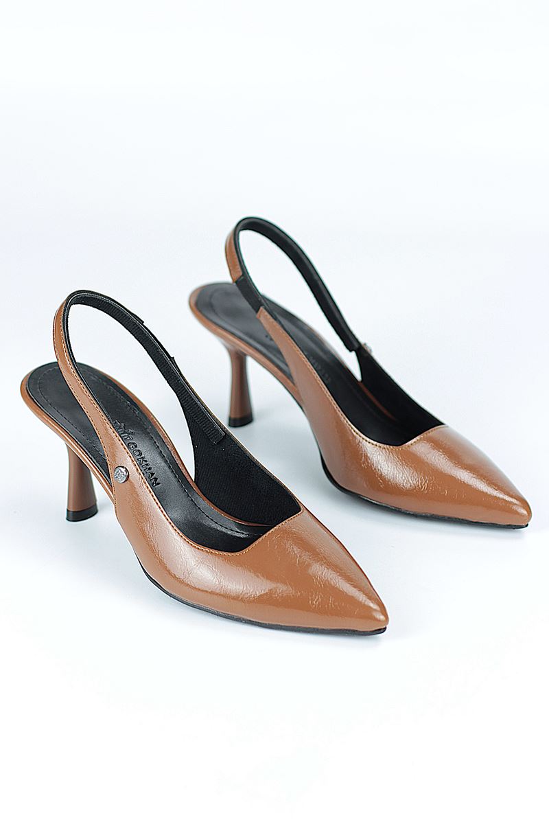 Vivienne Esnek Yumuşak Kaymaz Taban (7 cm) Taba Rugan Açık Lastikli Kadın Topuklu Ayakkabı