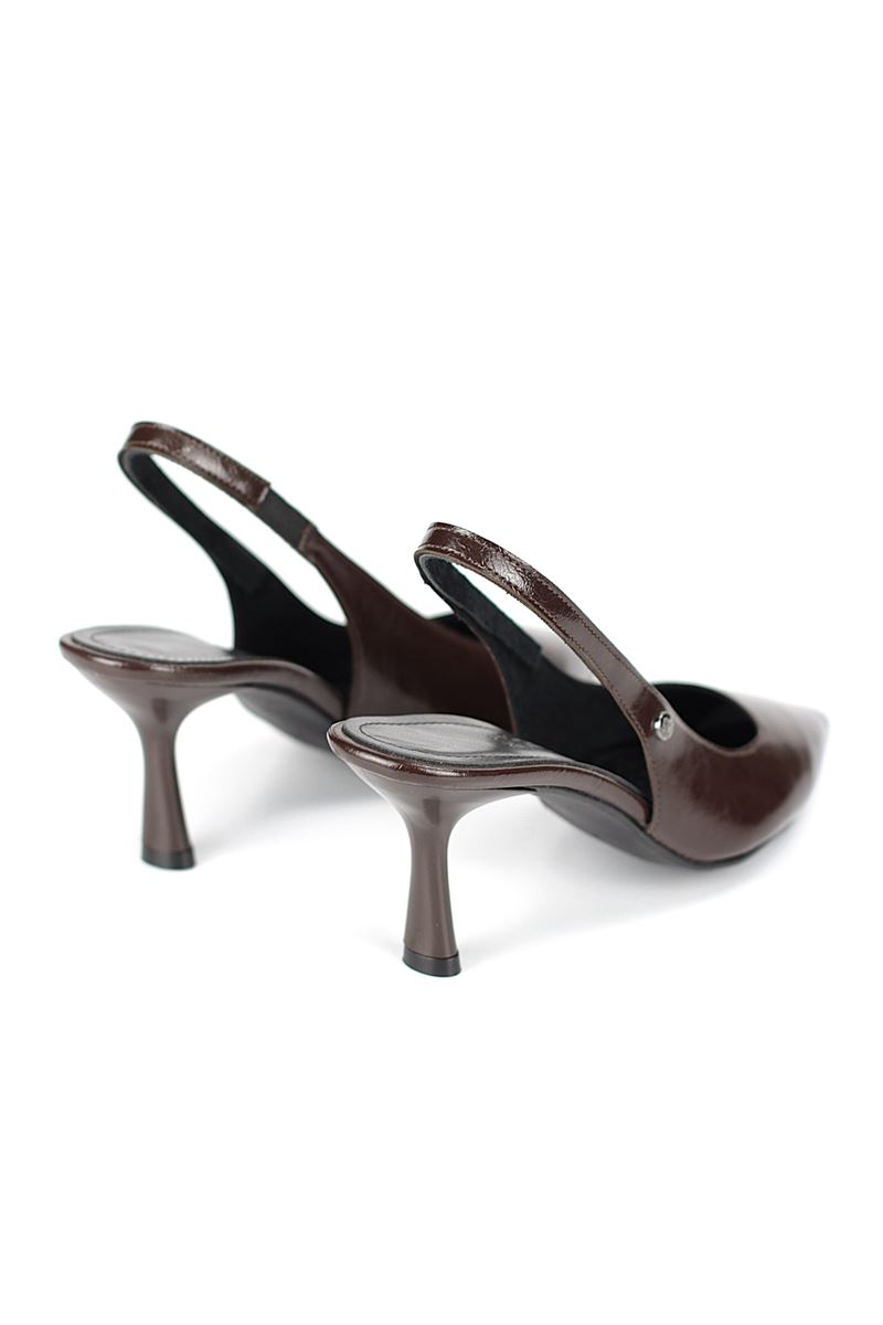 Vivienne Esnek Yumuşak Kaymaz Taban (7 cm) Kahverengi Rugan Açık Lastikli Kadın Topuklu Ayakkabı