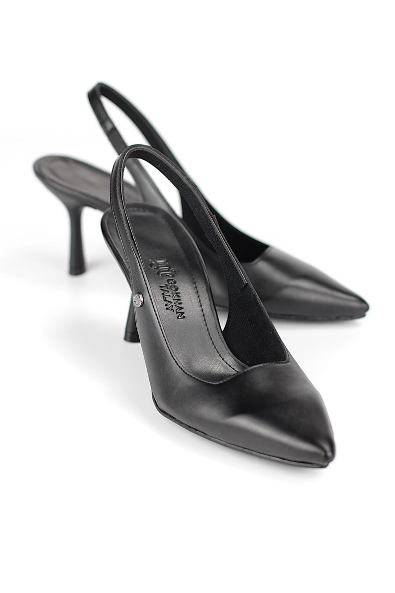 Vivienne Esnek Yumuşak Kaymaz Taban (7 cm)  Siyah Cilt Açık Lastikli Kadın Topuklu Ayakkabı