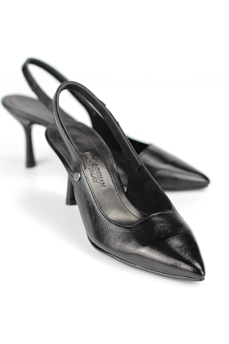 Vivienne Esnek Yumuşak Kaymaz Taban (7 cm) Siyah Rugan Açık Lastikli Kadın Topuklu Ayakkabı