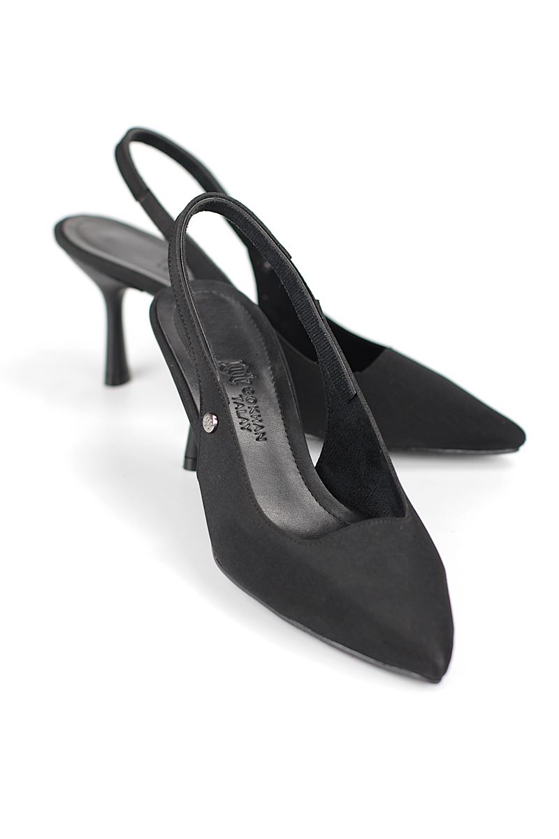 Vivienne Esnek Yumuşak Kaymaz Taban (7 cm) Siyah Süet Açık Lastikli Kadın Topuklu Ayakkabı