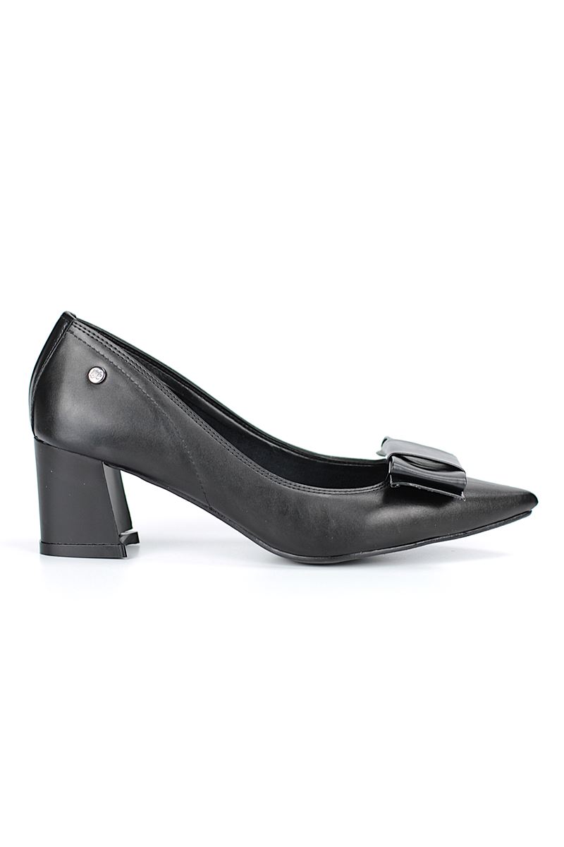 Benedita Esnek Yumuşak Kaymaz Taban (4 cm) Kadın Kalın Topuk Köşe Fiyonkllu Siyah Cilt Ayakkabı