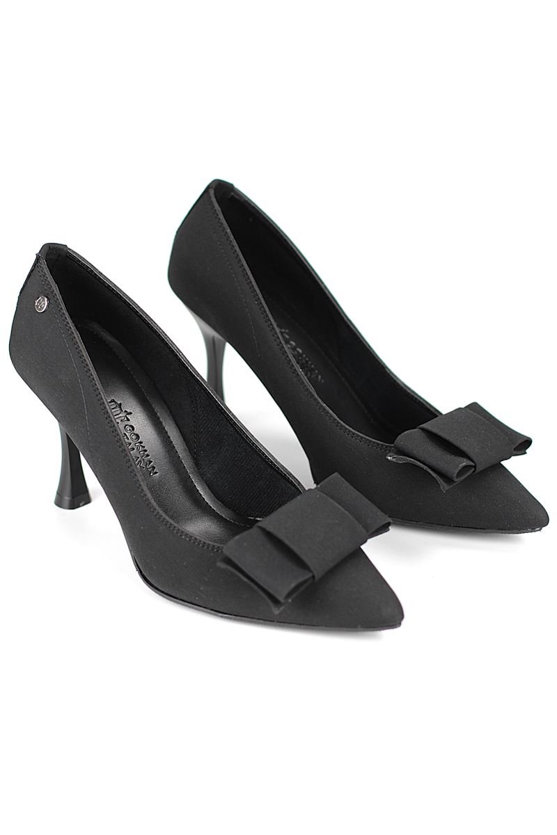 Polina Esnek Yumuşak Kaymaz Taban (8 cm) Siyah Süet Köşe Fiyonk Kadın Topuklu Ayakkabı