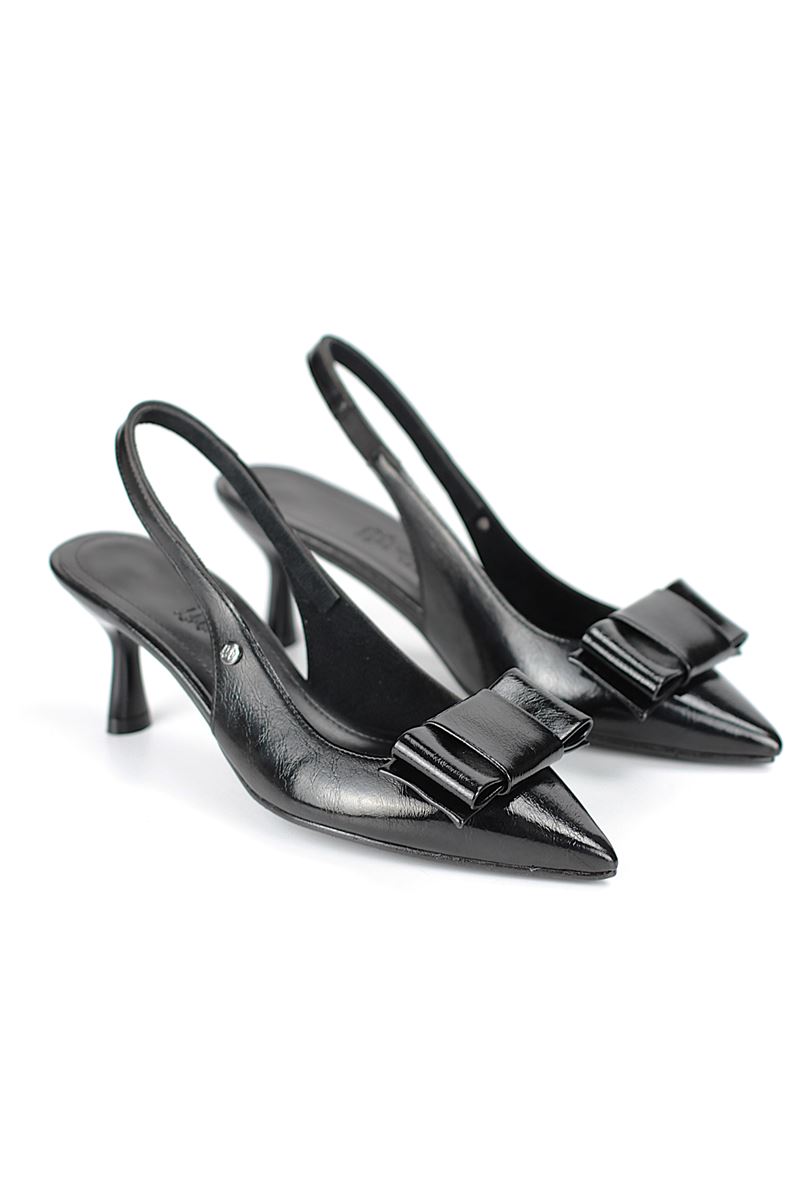 Rivva Esnek Yumuşak Kaymaz Taban (4 cm) Siyah Rugan  Açık Lastikli Köşe Fiyonk Kadın Topuklu Ayakkabı