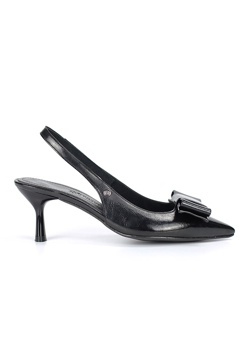 Rivva Esnek Yumuşak Kaymaz Taban (4 cm) Siyah Rugan  Açık Lastikli Köşe Fiyonk Kadın Topuklu Ayakkabı