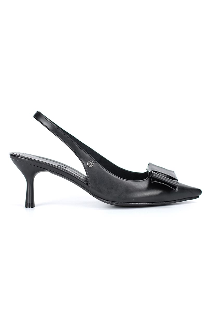 Rivva Esnek Yumuşak Kaymaz Taban (4 cm) Siyah Cilt Açık Lastikli Köşe Fiyonk Kadın Topuklu Ayakkabı