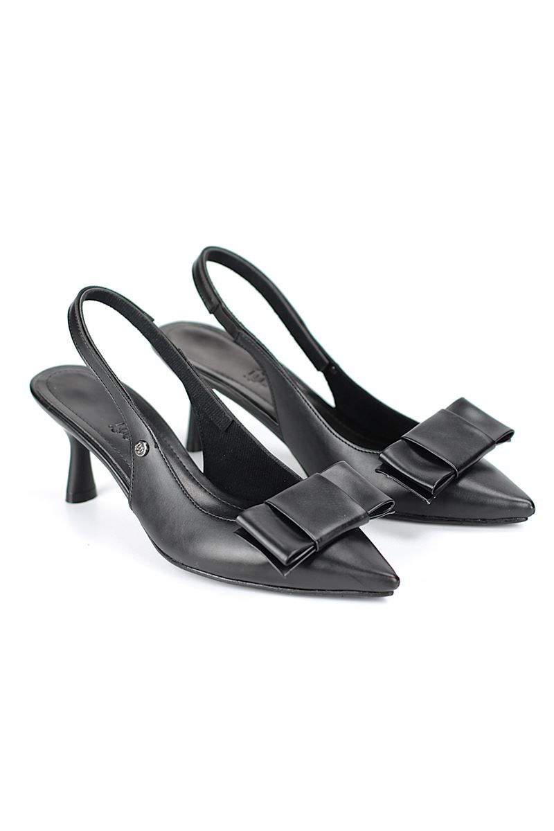 Rivva Esnek Yumuşak Kaymaz Taban (4 cm) Siyah Cilt Açık Lastikli Köşe Fiyonk Kadın Topuklu Ayakkabı