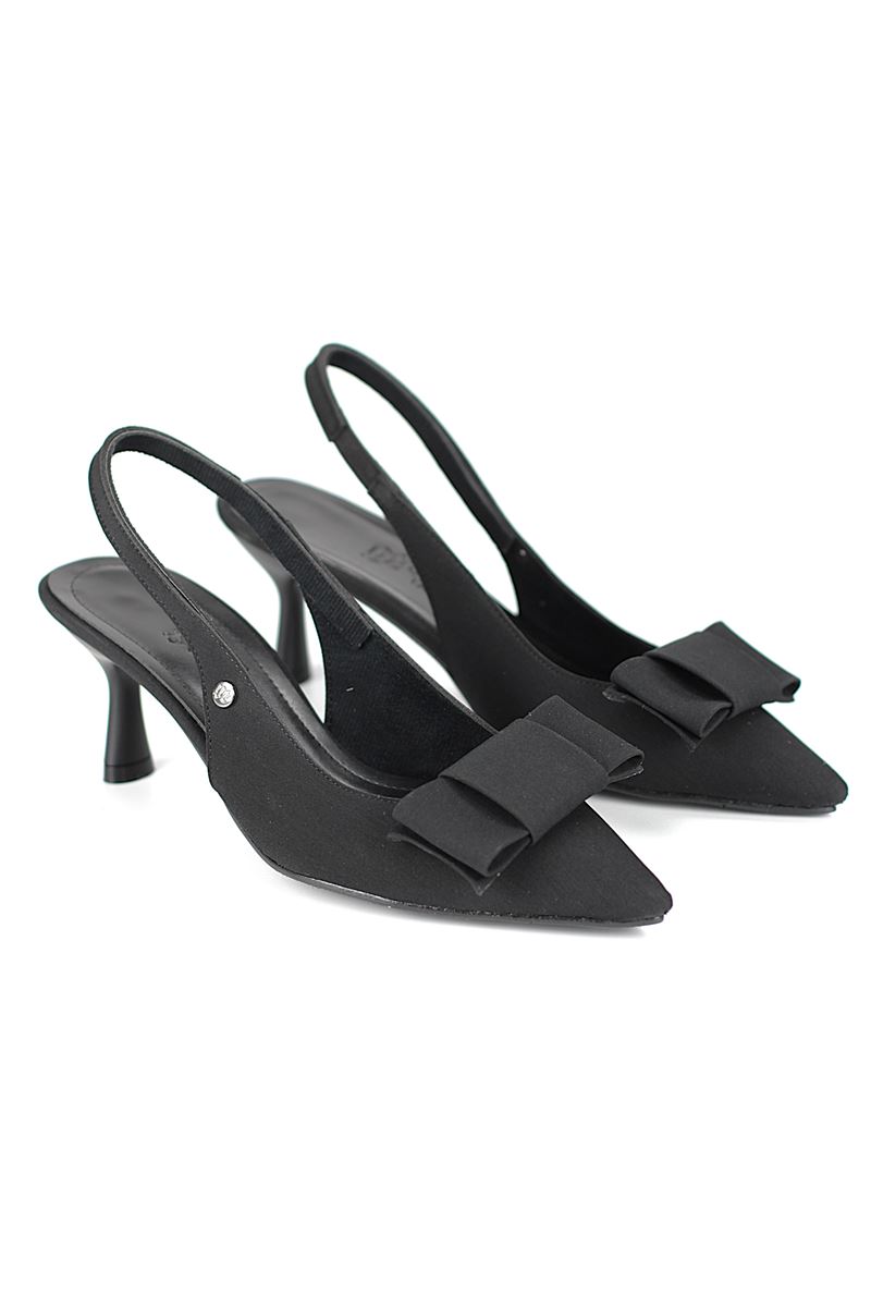 Rivva Esnek Yumuşak Kaymaz Taban (4 cm) Siyah Süet  Açık Lastikli Köşe Fiyonk Kadın Topuklu Ayakkabı