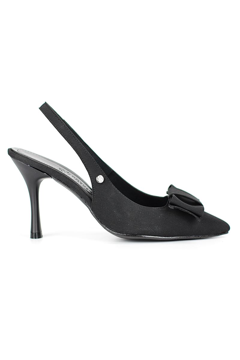 Nivelle Esnek Yumuşak Kaymaz Taban (8 cm) Siyah Süet  Açık Lastikli Köşe Fiyonk Kadın Topuklu Ayakkabı