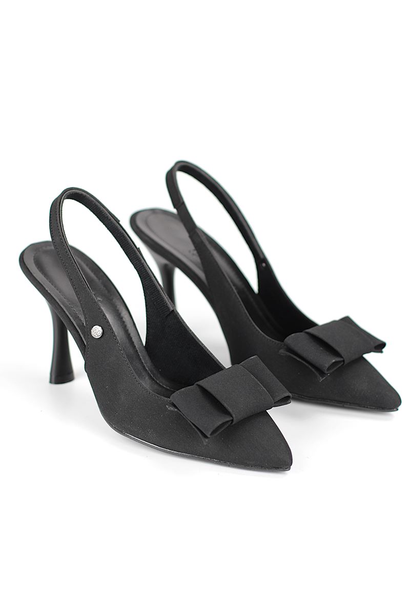 Nivelle Esnek Yumuşak Kaymaz Taban (8 cm) Siyah Süet  Açık Lastikli Köşe Fiyonk Kadın Topuklu Ayakkabı