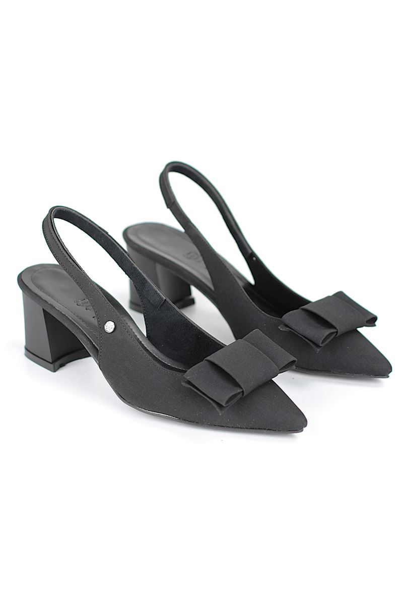 Nira Esnek Yumuşak Kaymaz Taban (4 cm) Siyah Süet  Açık Lastikli Kadın Kalın Topuklu Köşe Fiyonklu Ayakkabı