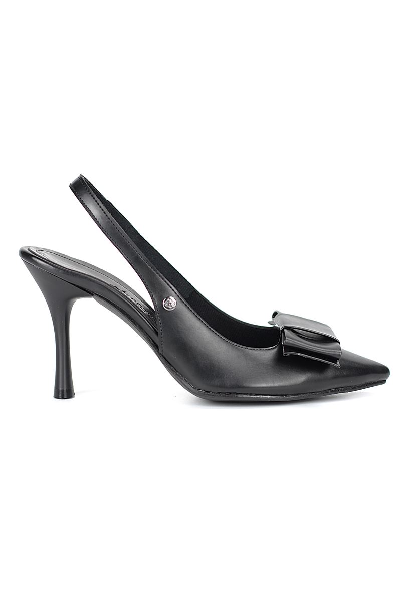 Nivelle Esnek Yumuşak Kaymaz Taban (8 cm) Siyah Cilt  Açık Lastikli Köşe Fiyonk Kadın Topuklu Ayakkabı