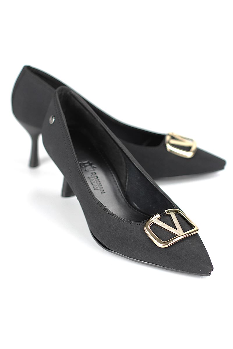 Luxe Esnek Yumuşak Kaymaz Taban (4 cm) Siyah Süet V Toka Kadın Topuklu Ayakkabı