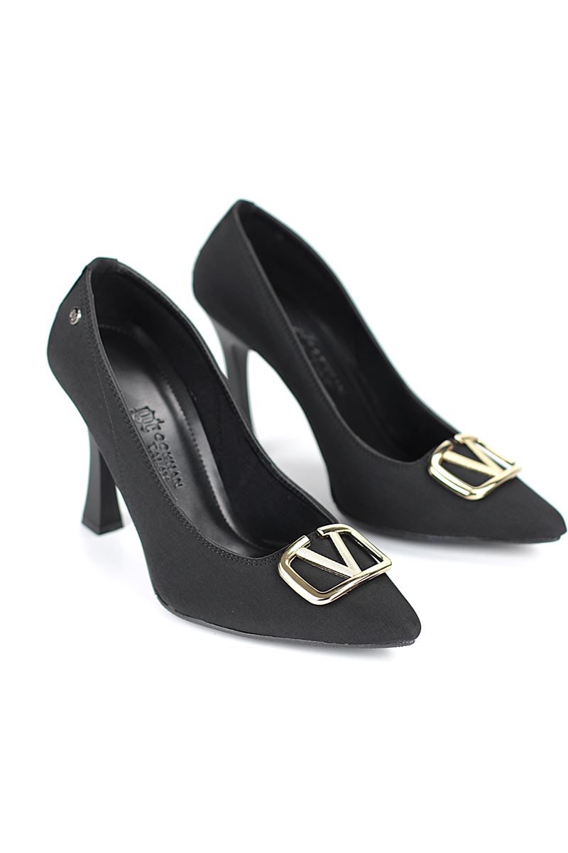 Camille Esnek Yumuşak Kaymaz Taban (10 cm) Siyah Süet V Toka Kadın Topuklu Ayakkabı