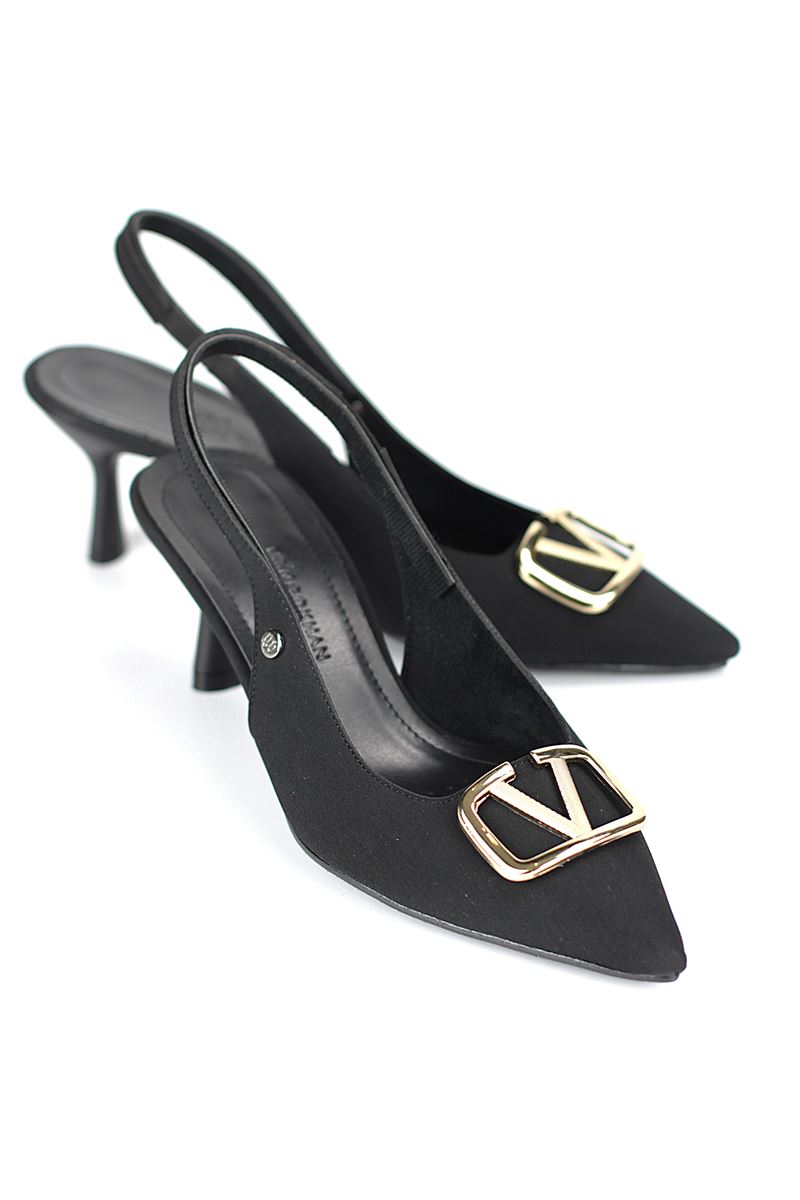 Liselotte Esnek Yumuşak Kaymaz Taban (4 cm) Siyah Süet  Açık Lastikli V Toka Kadın Topuklu Ayakkabı