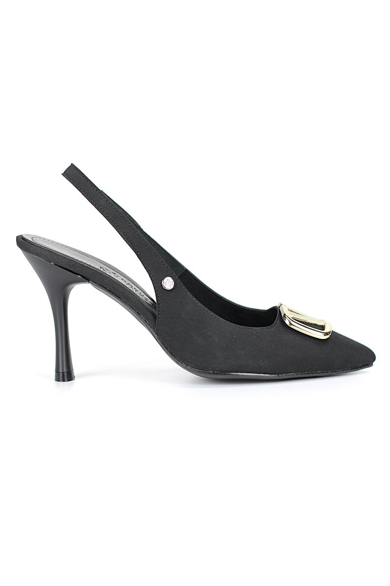 Hilda Esnek Yumuşak Kaymaz Taban (8 cm) Siyah Süet  Açık Lastikli V Toka Kadın Topuklu Ayakkabı