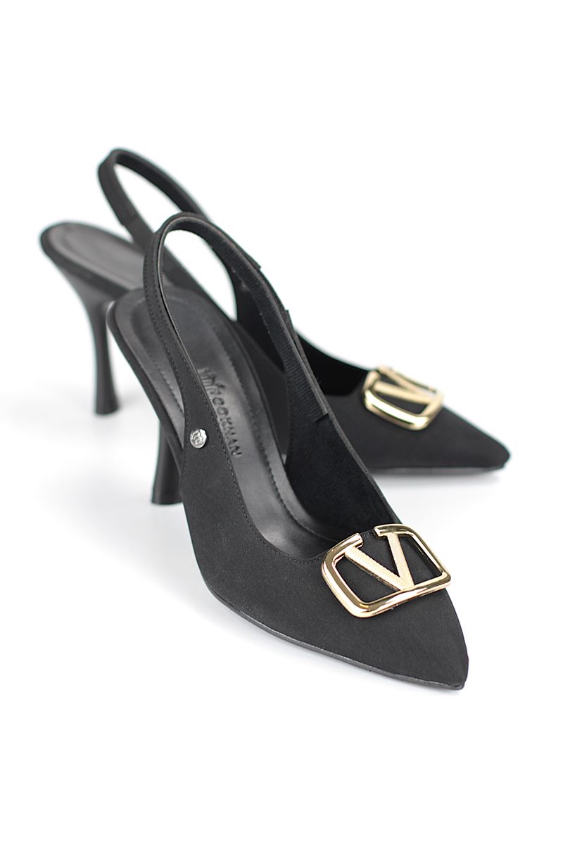 Hilda Esnek Yumuşak Kaymaz Taban (8 cm) Siyah Süet  Açık Lastikli V Toka Kadın Topuklu Ayakkabı