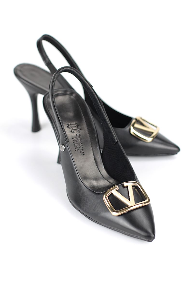 Hilda Esnek Yumuşak Kaymaz Taban (8 cm) Siyah Cilt  Açık Lastikli V Toka Kadın Topuklu Ayakkabı