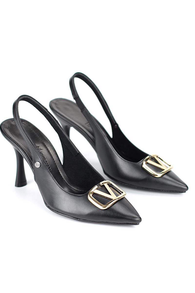 Hilda Esnek Yumuşak Kaymaz Taban (8 cm) Siyah Cilt  Açık Lastikli V Toka Kadın Topuklu Ayakkabı