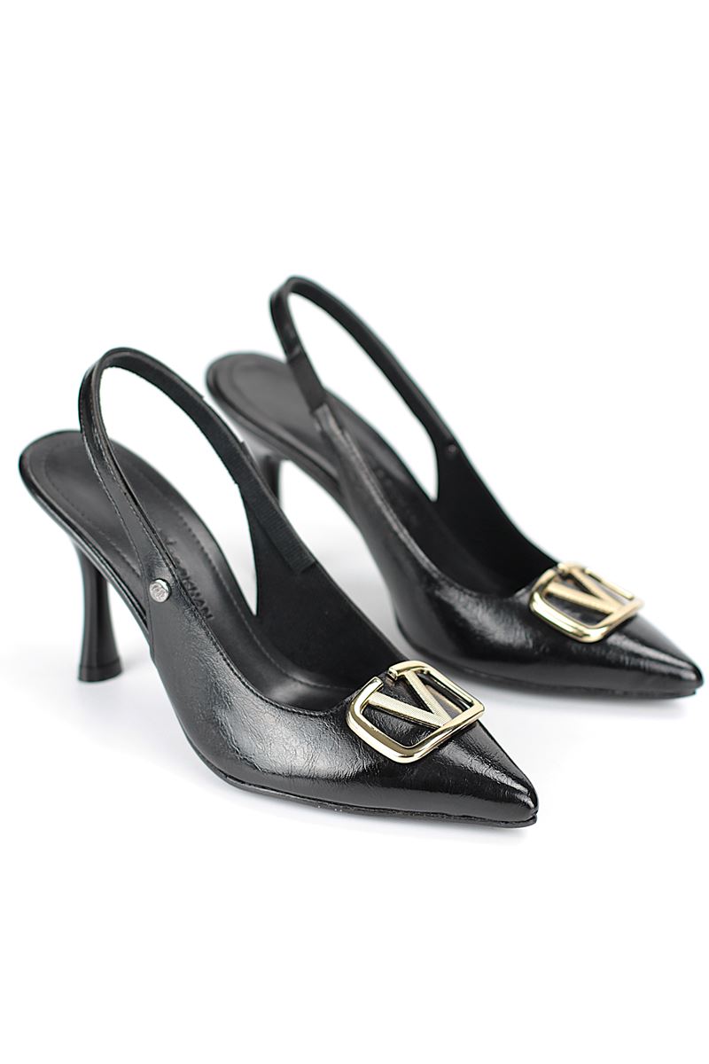 Hilda Esnek Yumuşak Kaymaz Taban (8 cm) Siyah Rugan  Açık Lastikli V Toka Kadın Topuklu Ayakkabı