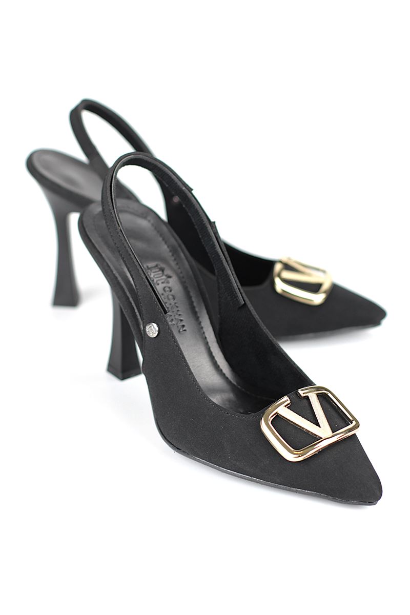 Melina Esnek Yumuşak Kaymaz Taban (10 cm) Siyah Süet  Açık Lastikli V Toka Kadın Topuklu Ayakkabı