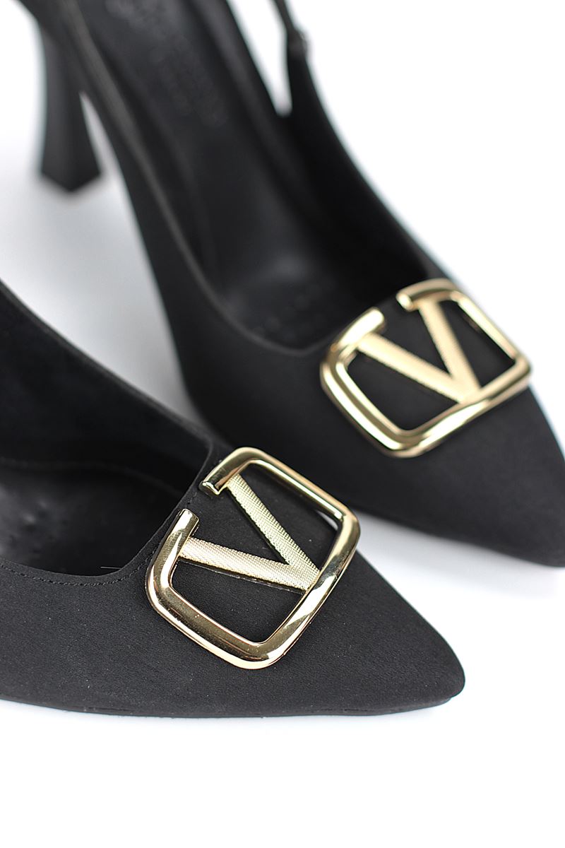 Melina Esnek Yumuşak Kaymaz Taban (10 cm) Siyah Süet  Açık Lastikli V Toka Kadın Topuklu Ayakkabı