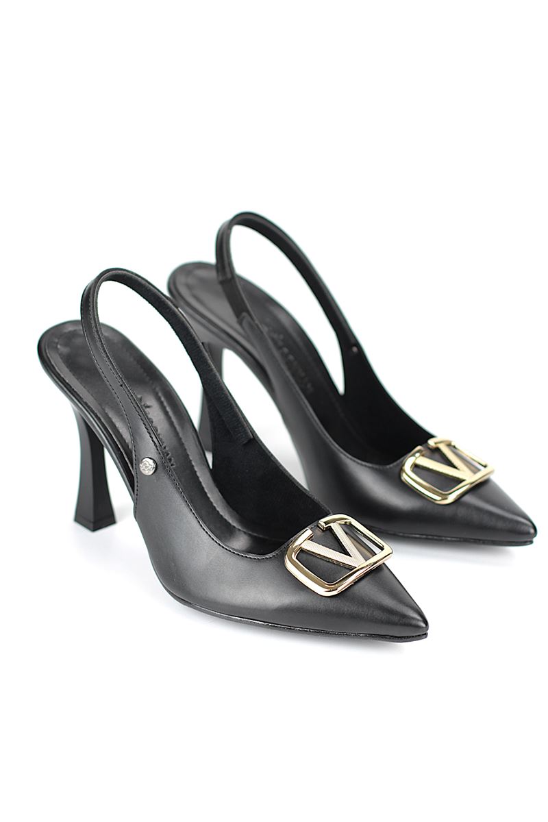 Melina Esnek Yumuşak Kaymaz Taban (10 cm) Siyah Cilt Açık Lastikli V Toka Kadın Topuklu Ayakkabı