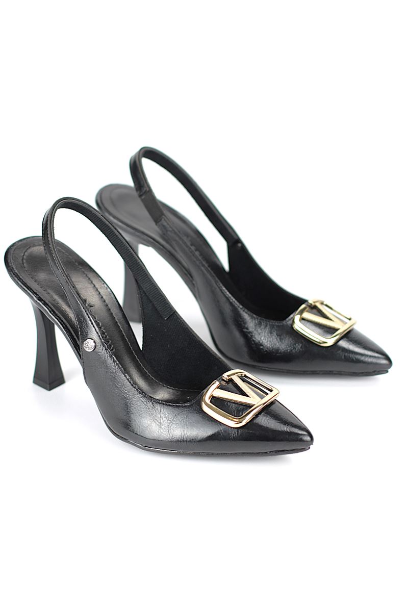 Melina Esnek Yumuşak Kaymaz Taban (10 cm) Siyah Rugan  Açık Lastikli V Toka Kadın Topuklu Ayakkabı