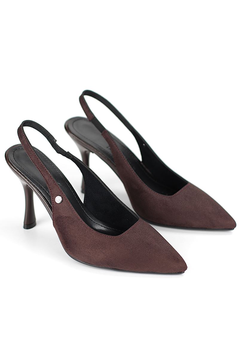 Lavender Esnek Yumuşak Kaymaz Taban (8 cm) Süet  Koyu Kahve  Açık Lastikli Kadın Topuklu Ayakkabı