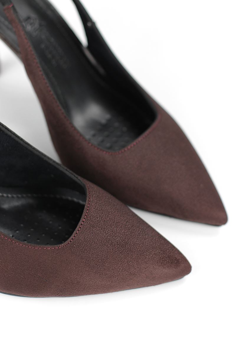 Lavender Esnek Yumuşak Kaymaz Taban (8 cm) Süet  Koyu Kahve  Açık Lastikli Kadın Topuklu Ayakkabı