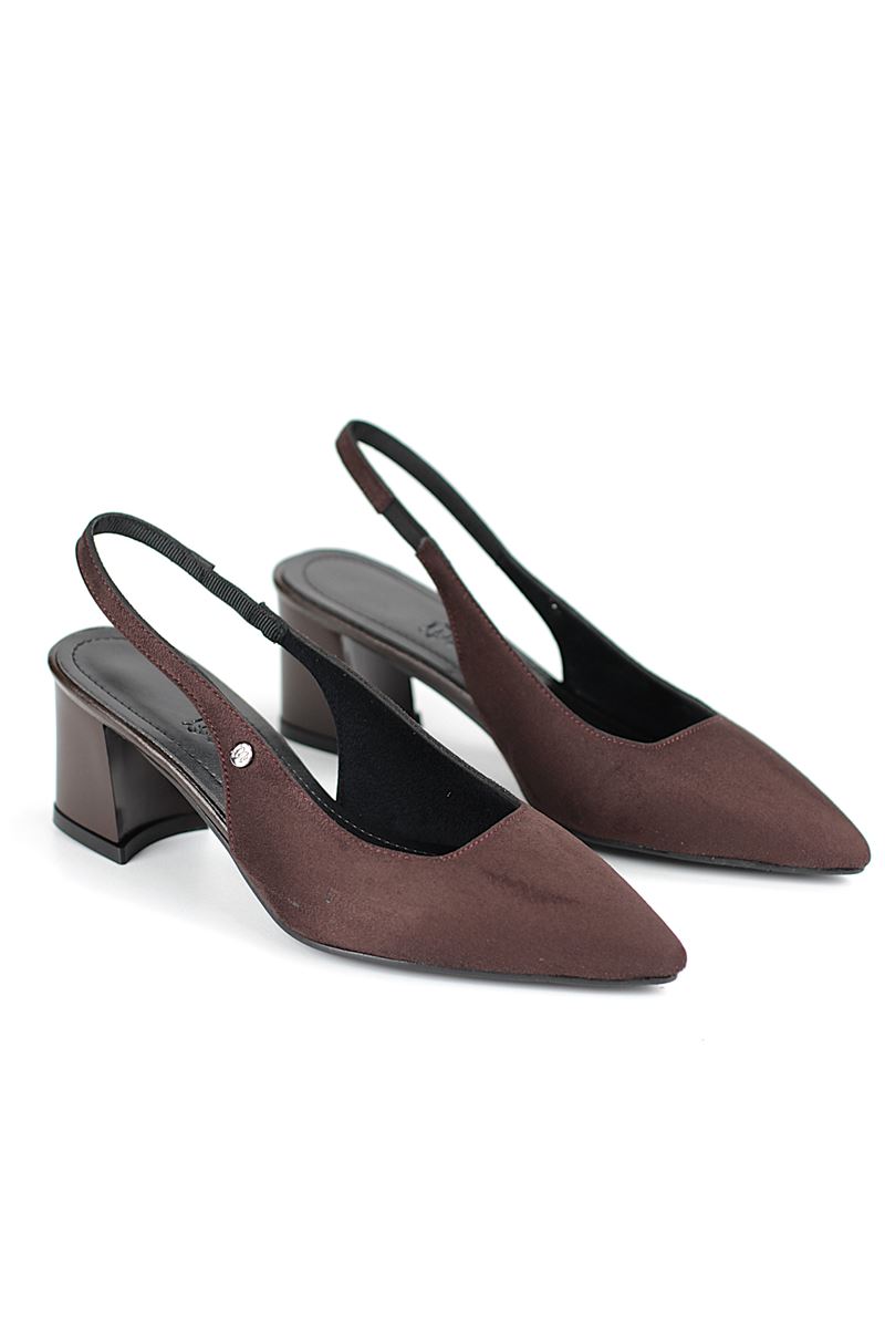İlya Esnek Yumuşak Kaymaz Taban (4 cm) Koyu Kahve Süet  Açık Lastikli Kadın Kalın Topuklu Ayakkabı