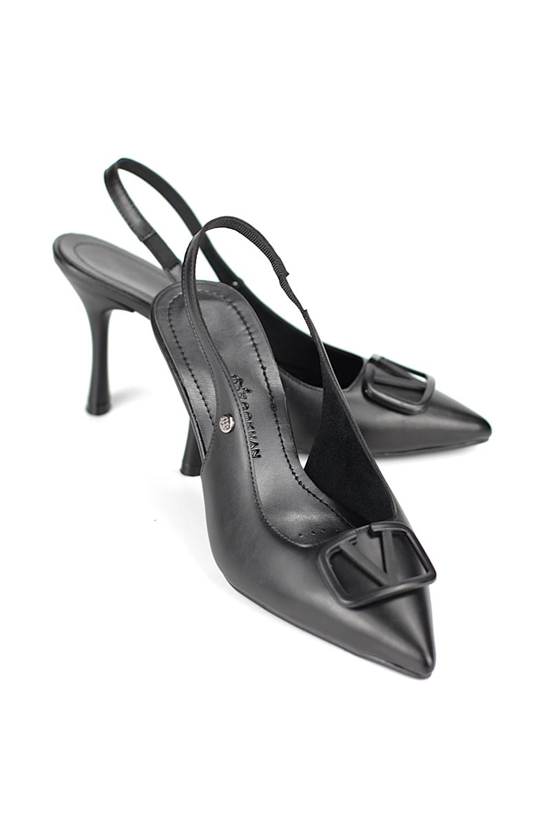 Rosalinda Esnek Yumuşak Kaymaz Taban (8 cm) Siyah Cilt  Açık Lastikli V toka Kadın Topuklu Ayakkabı