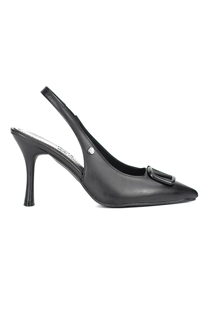 Rosalinda Esnek Yumuşak Kaymaz Taban (8 cm) Siyah Cilt  Açık Lastikli V toka Kadın Topuklu Ayakkabı