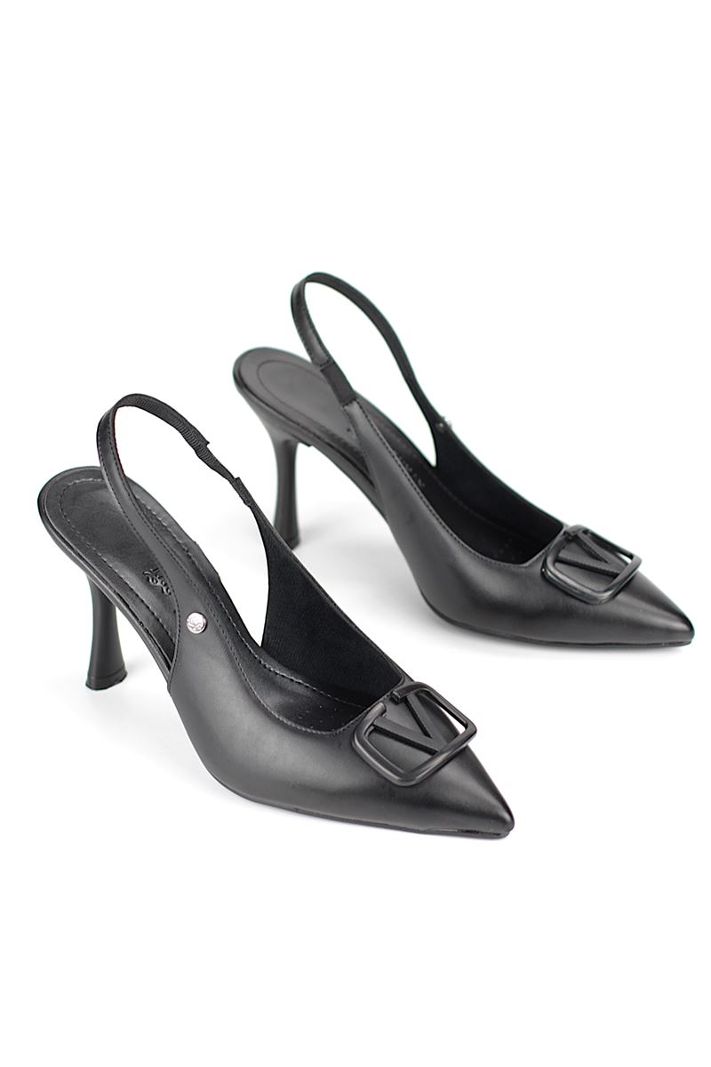 Rosalinda Esnek Yumuşak Kaymaz Taban (8 cm) Siyah Cilt  Açık Lastikli V toka Kadın Topuklu Ayakkabı