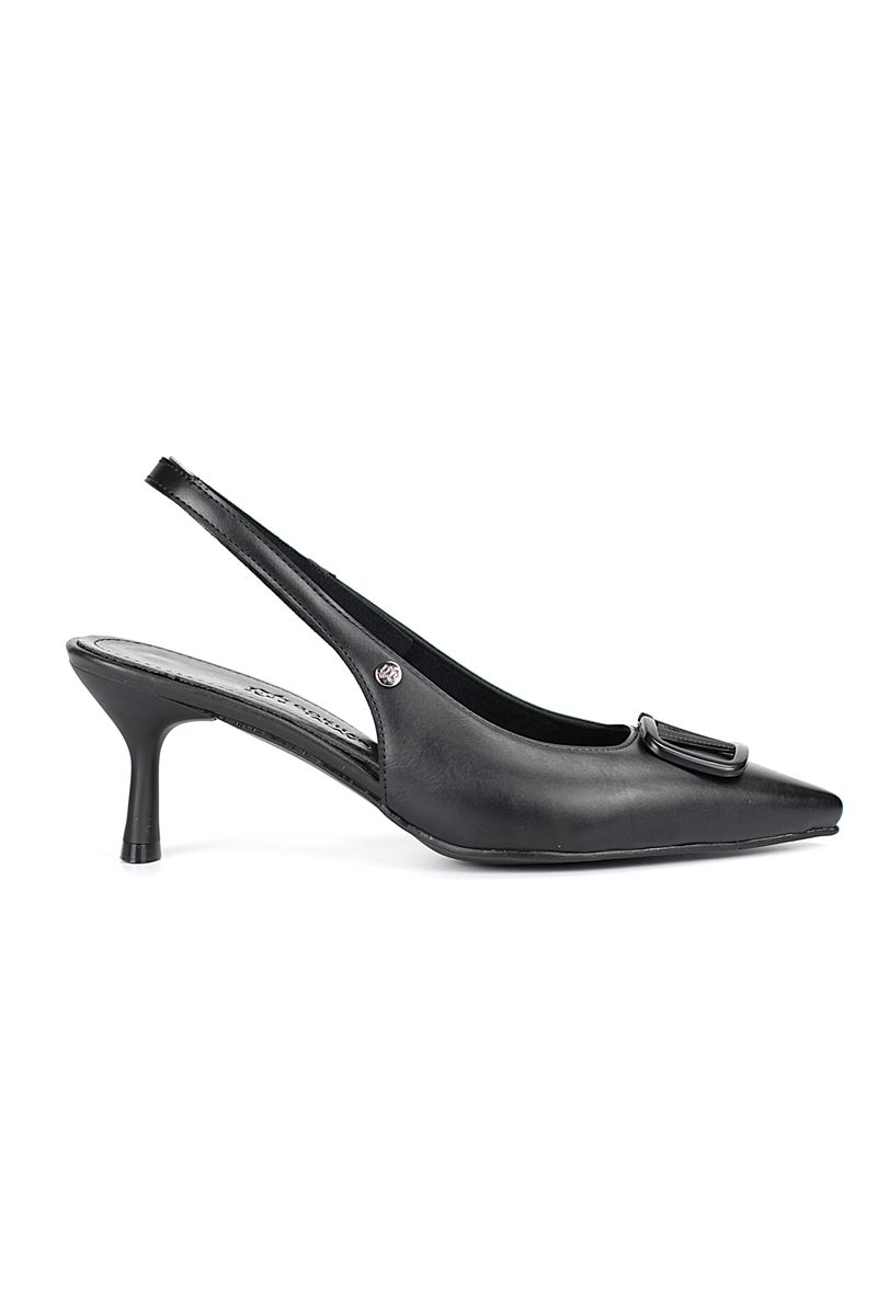 Lilith Esnek Yumuşak Kaymaz Taban (4 cm) Siyah Cilt Açık Lastikli V Toka Kadın Topuklu Ayakkabı