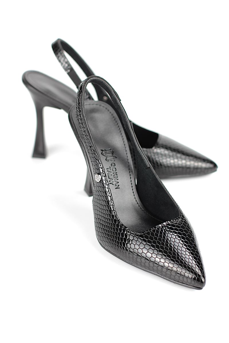 Margaret  Esnek Yumuşak Kaymaz Taban (10 cm) Rugan Siyah Yılan Baskı Açık Lastikli Kadın Kalın Topuklu Ayakkabı