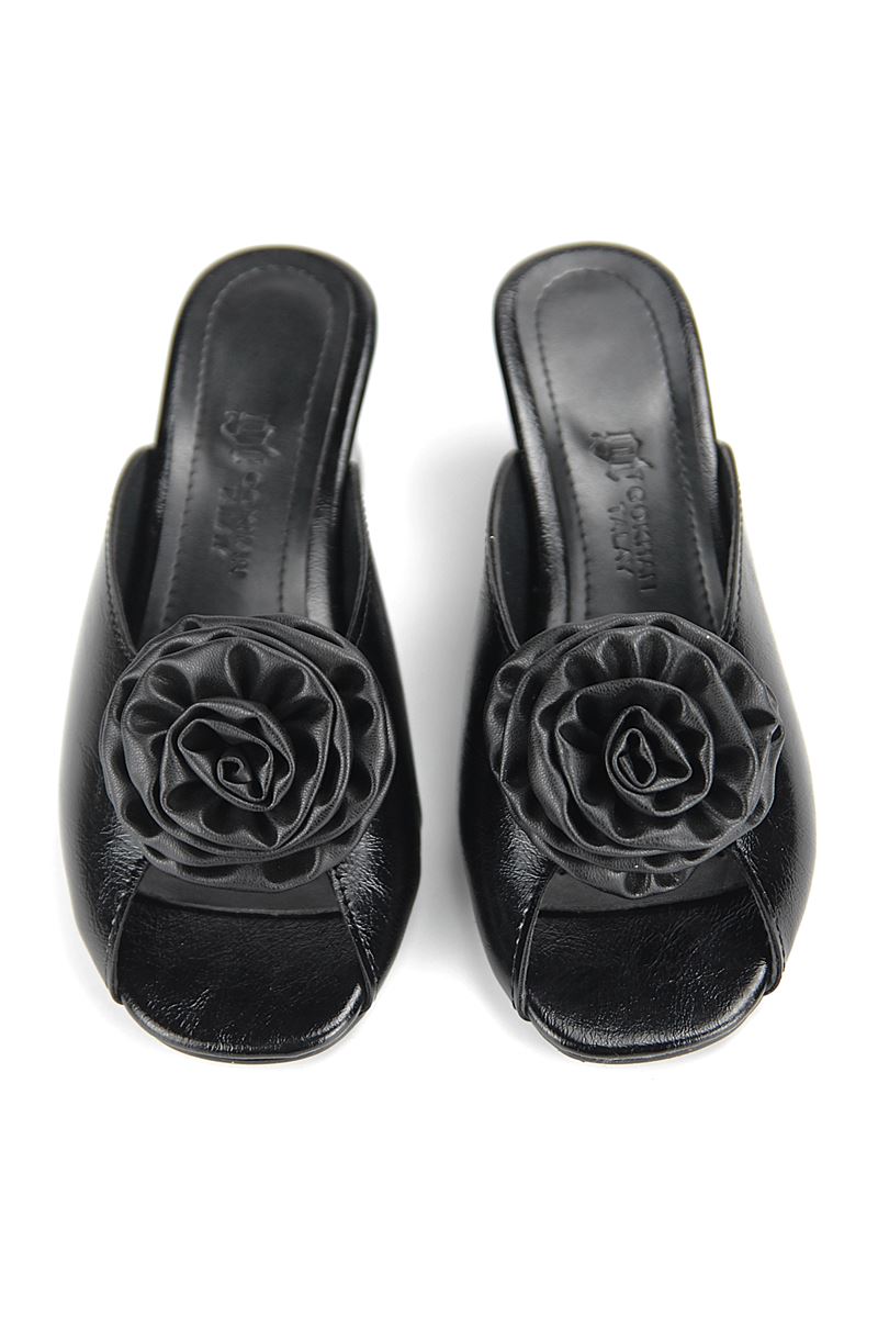 Rosette Esnek Yumuşak Kaymaz Taban (4 cm) Siyah Rugan El Yapımı Gül Detaylı Kadın Kalın Topuklu Terlik