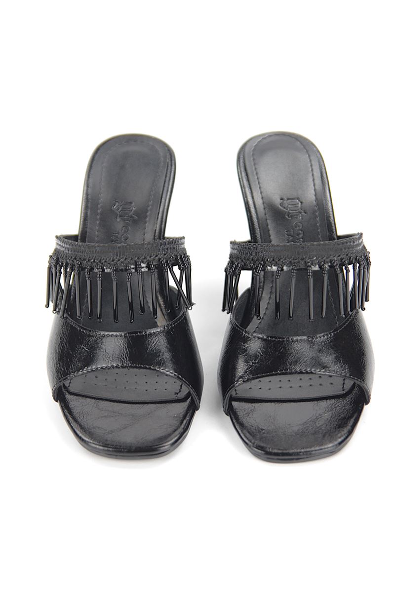 Frina Esnek Yumuşak Kaymaz Taban (8 cm) Siyah Rugan Boncuk Püsküllü Kadın Topuklu Terlik